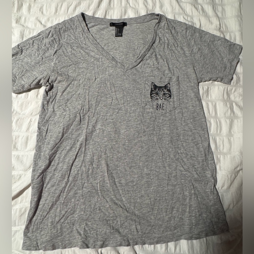 Forever 21 Gray Cat Pocket Tee
